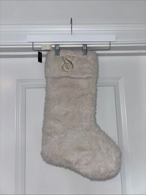 Victoria's Secret Cream Faux Fur Holiday Stocking with Gold VS Monogram